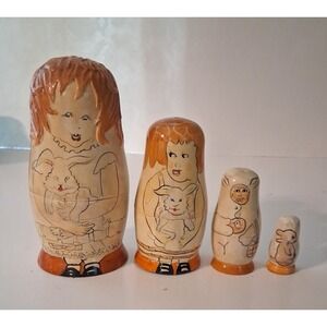 VTG Wooden Rabbit Girl Nesting Dolls Hand Painted Whimsical Easter Decor Rare